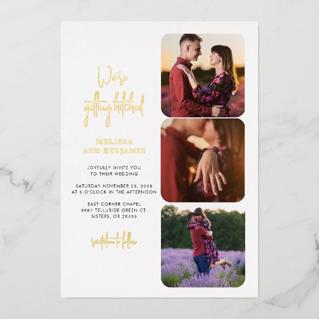 Wir bekommen heftige Foto Collage Wedding Gold Folieneinladung (Vorderseite)