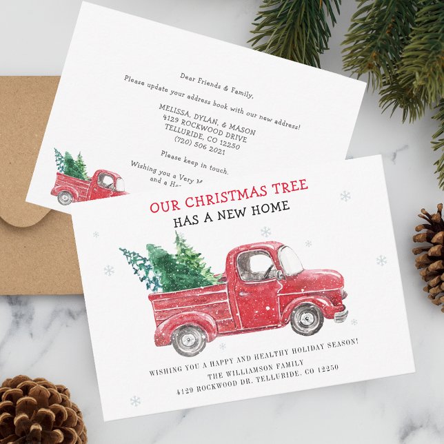Wir bewegten die Ankündigung über Weihnachtsfeiert (Christmas Holidays Tree Has Moved Red Truck Moving Announcement)