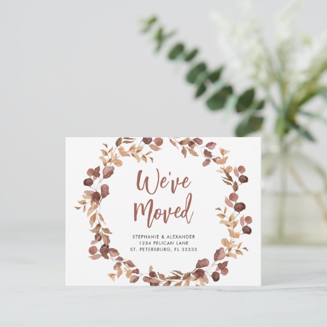 Wir bewegten Dusty Rose Eucalyptus Wreath Neue Zuh Ankündigungspostkarte (Stehend Vorderseite)