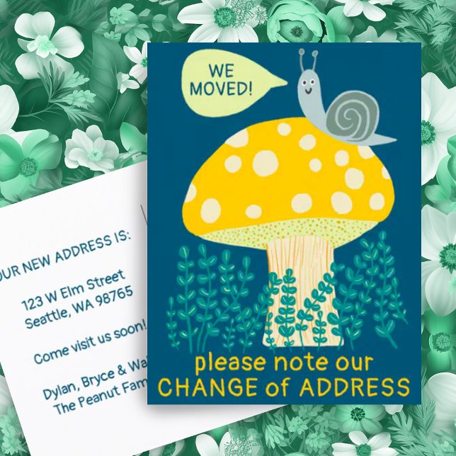 WIR BEWEGTEN Whimsical Snail Magical Mushroom NEU  Postkarte (Moving announcement address change new home postcard with cute funny snail and mushroom. Customize!)