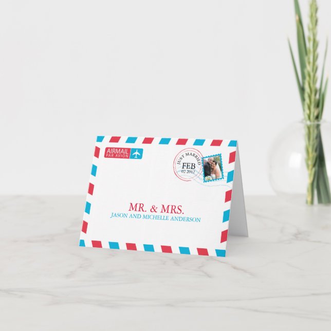 Wir danken Ihnen für die Hochzeit von Airmail Dankeskarte (Vorderseite)