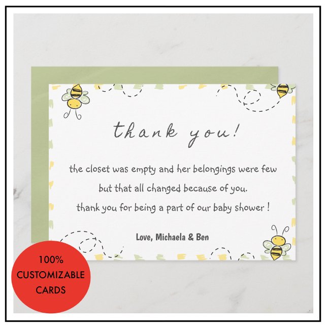 Wir danken Ihnen Karten, Baby Shower Gender Neutra Dankeskarte (Bee thank you cards,Baby Shower Gender Neutral 1)