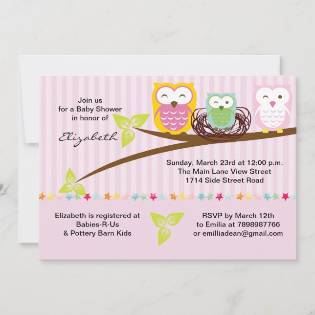 Wir drei Eule Familie rosa Baby Dusche Einladung (Vorderseite)