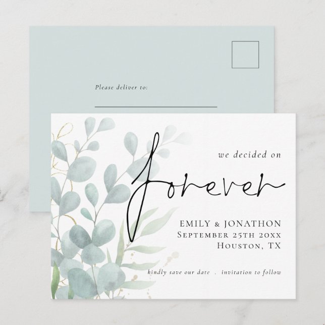 Wir entschieden uns Save the Date für ewig Eukalyp Einladungspostkarte (Vorne/Hinten)