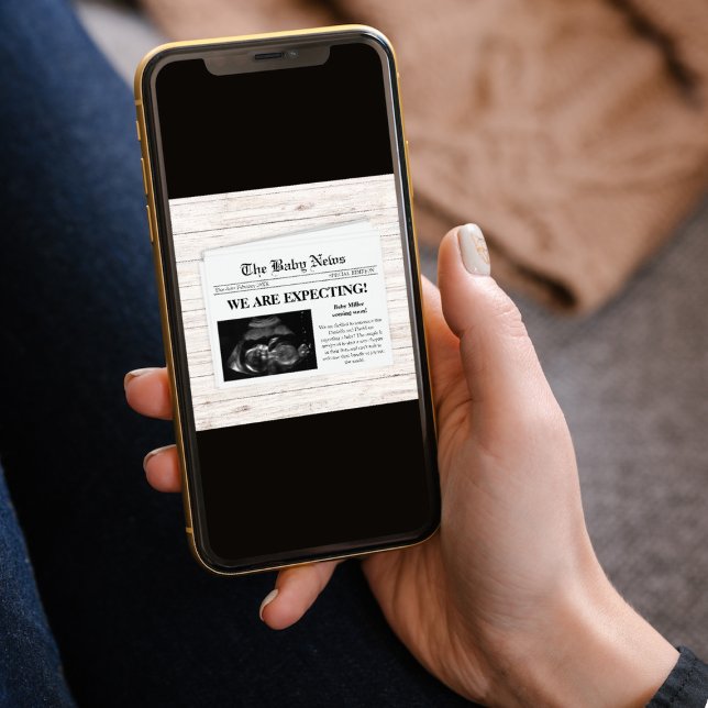 Wir erwarten die Schwangerschaft des Fotos in der  Ankündigung (we are expecting newspaper style photo pregnancy announcement card ultrasound sonogram)