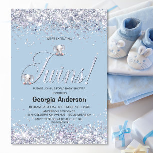 Wir erwarten Twins Blue Elephant Glitzer Einladung