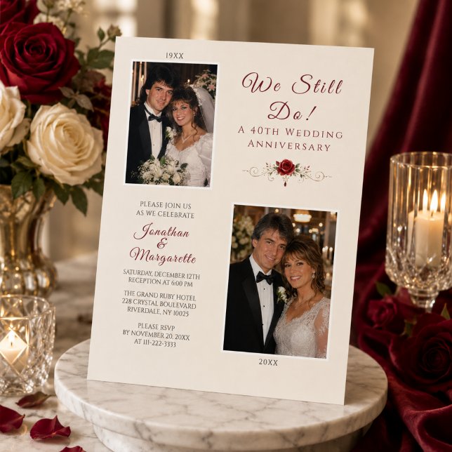 Wir feiern noch Hochzeitstag Einladung (Elegant 40th Wedding Anniversary Invitation with Then & Now Photos)