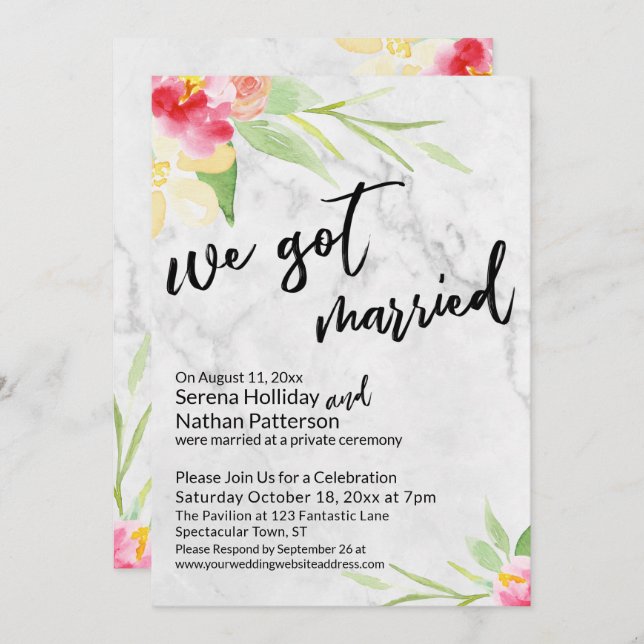 Wir Got Verheiratete Aquarellfarben-Blume und grau Einladung (Vorne/Hinten)