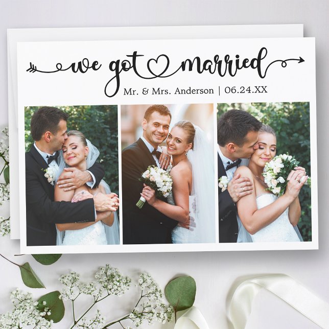 Wir Got Verheiratete Kalligrafie Herz 3 Foto Hochz Ankündigung (Customize to change your personalized text size, text style or to add text to back of card.)