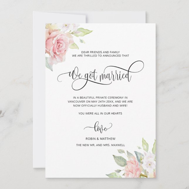 Wir got Verheiratete, Rose Gold Floral Verheiratet Ankündigung (Vorderseite)