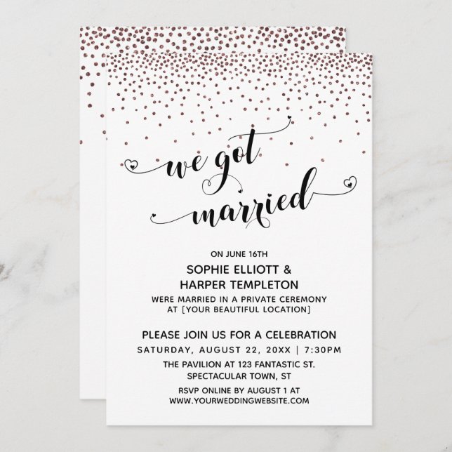 Wir Got Verheiratete Script Rose Gold Confetti Emp Einladung (Vorne/Hinten)