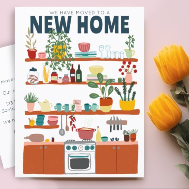 Wir haben Adresse ändern Niedliche Küche Art Postkarte (Moving announcement address change postcard with charming kitchen illustration. Add your own details)