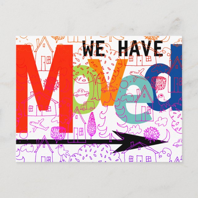 Wir haben bunte Typografie-Stadtneue Adresse Ankündigungspostkarte (Vorderseite)