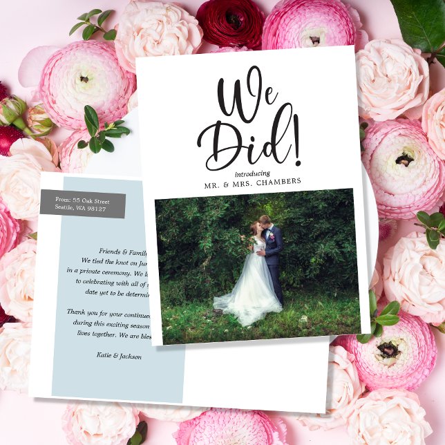 Wir haben das Elopement/Hochzeitsupdate-Foto durch Ankündigungspostkarte (Von Creator hochgeladen)