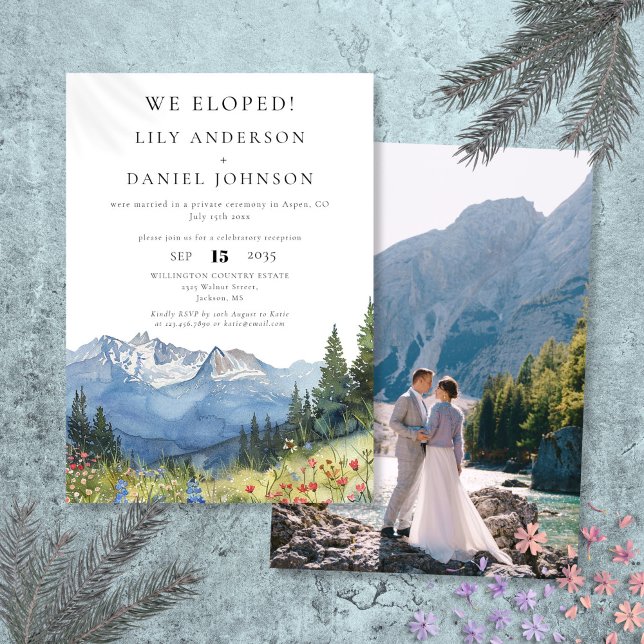 Wir haben das Foto "Watercolor Mountain Elopement" Einladung (We Eloped Watercolor Mountain Elopement Photo Invitation)