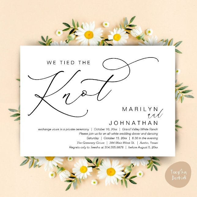 Wir haben das Party zum Hochzeitsessen, das Abende Einladung (We tied the knot, Wedding Elopement Dinner Romantic Modern Party Invitation Card PDF White Black)