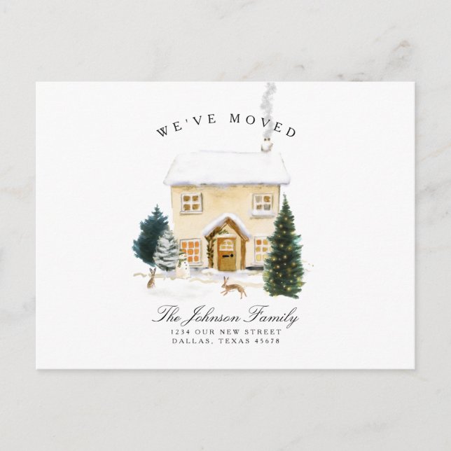 Wir haben das Weihnachtshaus im Winter verschoben Ankündigungspostkarte (Vorderseite)