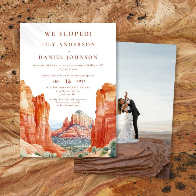 Wir haben das Wüstenrock-Elopement-Foto Einladung (We Eloped Watercolor Desert Rock Elopement Photo Invitation)
