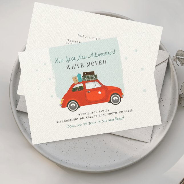 Wir haben den Adresswechsel verschoben Ankündigung (New Year Moving Adventure Announcement Red Car)