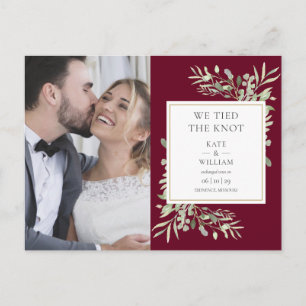 Wir haben den Knoten Burgund Grün Foto Hochzeit Ankündigungspostkarte
