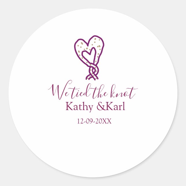Wir haben den Knoten rosa Herz Knoten Name Datum R Runder Aufkleber (Vorderseite)