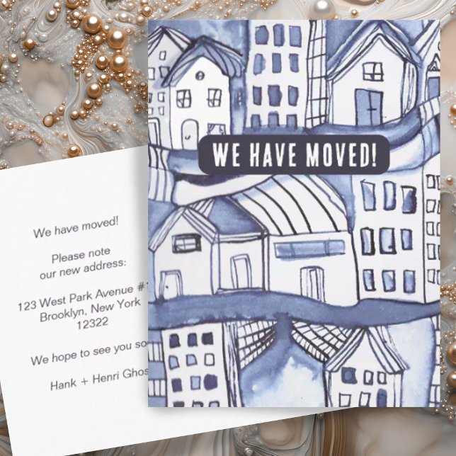 Wir haben den Umzug in die Cityscape-Wohnung vorge Postkarte (Watercolor cityscape moving announcement address change custom postcard)
