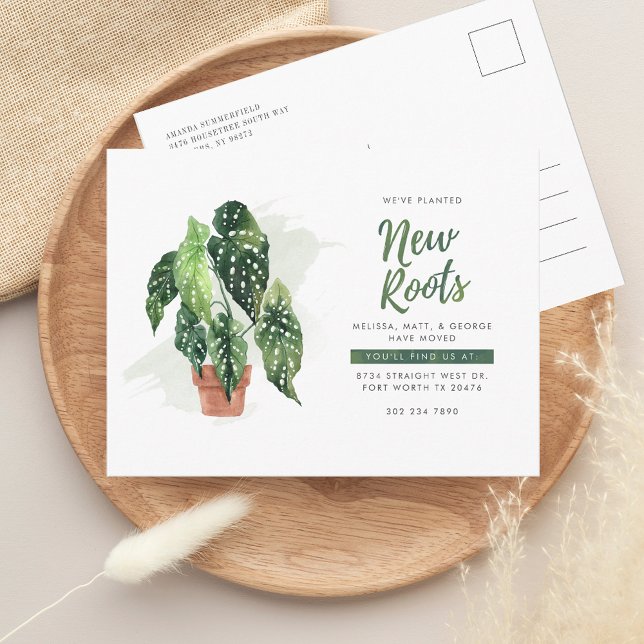 Wir haben die Adresse verschoben Ankündigungspostkarte (New Roots Change of Address Watercolor Potted Plant Moving Announcement Postcard)