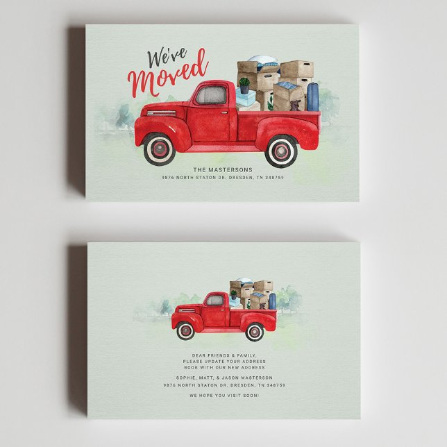 Wir haben die Ankündigung über die Wasserfarbenbew (Watercolor Red Truck Moving Announcement Mini Card)