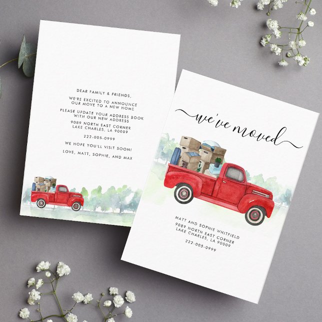 Wir haben die Ankündigung Vintager roter Lkw-Beweg (Moving Announcement Red Truck Script Card)