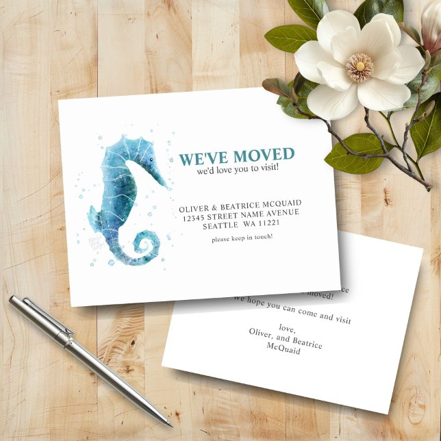 Wir haben die Ankündigungskarte für das Niedliche  Begleitkarte (Watercolor Sea Horse Moving Announcement card)