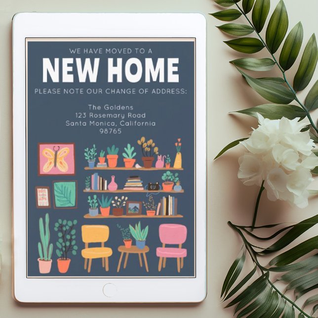 Wir haben die Cute Livingroom Card umgezogen Einladung (Cute digital download address change moving announcement card with whimsical illustration of home)