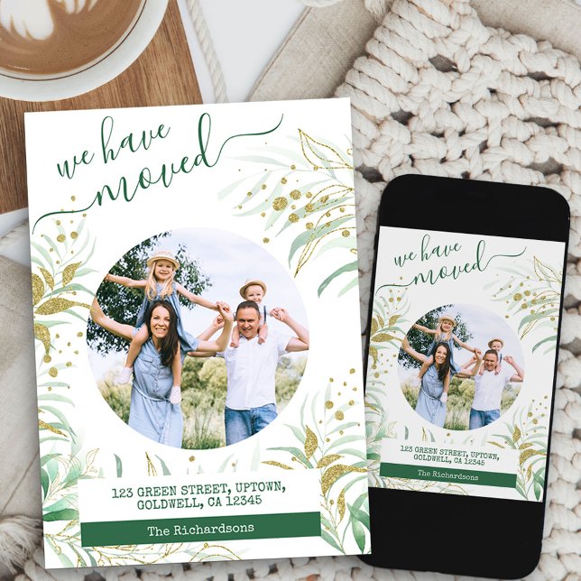 Wir haben die elegante Gold Green Foliage Bewegung Ankündigung (round photo new address card available printed or as printable digital download)