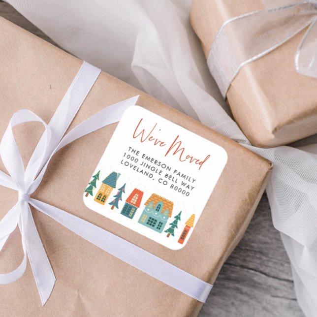 Wir haben die Ferienaufkleber umgezogen Quadratischer Aufkleber (We've Moved Holiday Retro Houses Envelope Seal)