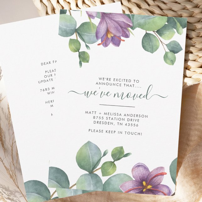 Wir haben die Grüne Eukalyptus Floral Moving beweg Ankündigung (Moving Announcement Eucalyptus Sage Green and Purple Foliage Card)