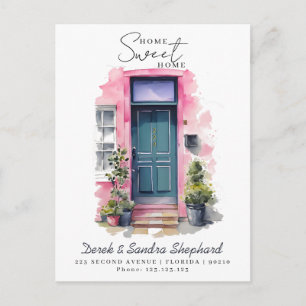 Wir haben die neue Adresse in rosa Aquarelltür ver Ankündigungspostkarte
