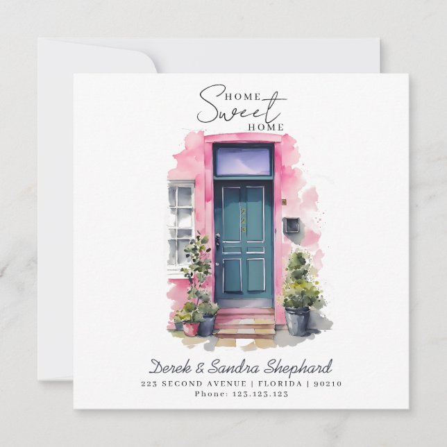Wir haben die neue Adresse in rosa Aquarelltür ver Karte (Vorderseite)