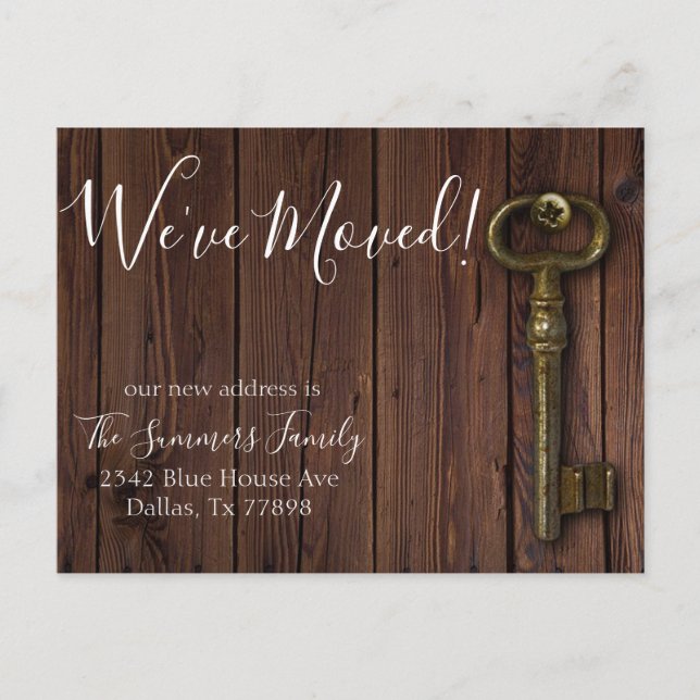 Wir haben die neue Adressenankündigung "Wood Key"  Ankündigungspostkarte (Vorderseite)