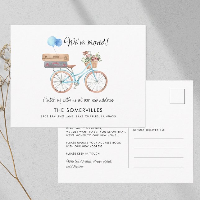 Wir haben die neue Ankündigung über den Umzug von  Postkarte (We Have Moved Boho Biker Moing Announcement Postcard)