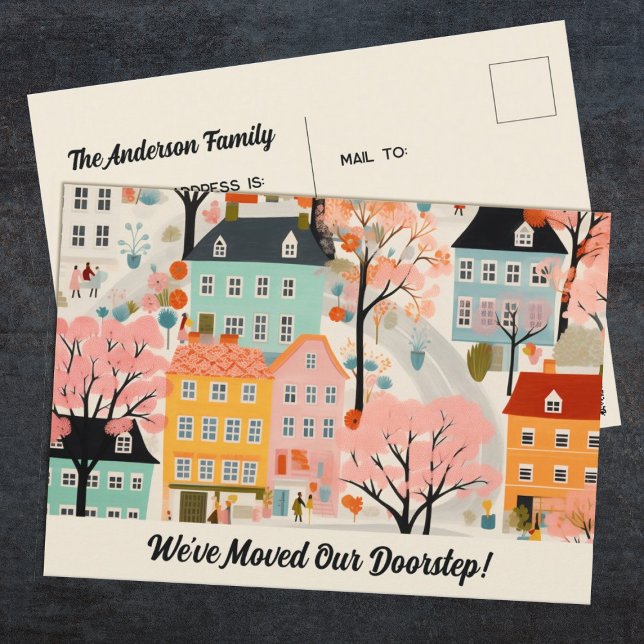 Wir haben die neue Ankündigung zur Adressverschieb Postkarte (a fun, We've moved! postcard decorated with an illustration of a neighborhood.)