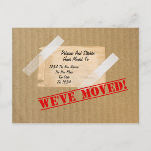 Wir haben die neue Zuhause CardBoard Box verschobe Ankündigungspostkarte