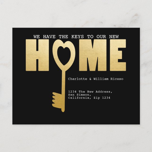 Wir haben die Schlüssel zu unserer neuen Zuhause Ankündigungspostkarte (Vorderseite)