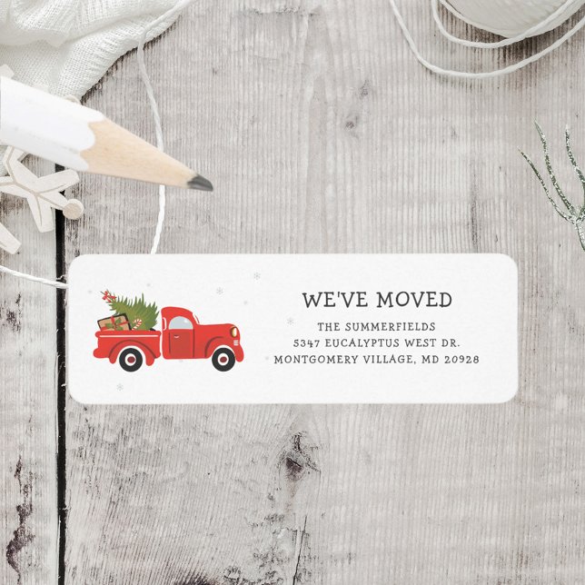 Wir haben die Weihnachts-Red-Truck-Rücksendeadress (Moving Address Announcement Envelope Label)