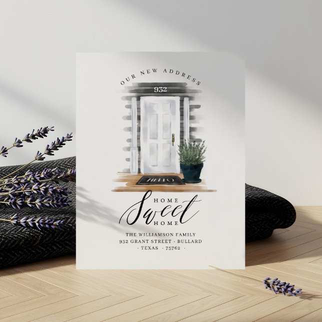 Wir haben die weiße Vordertür der Aquarelltafeln v Ankündigung (We've Moved Watercolor Hamptons White Front Door Announcement)