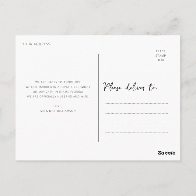 Wir haben eine kalligraphische Hochzeitsankündigun Postkarte (Rückseite)