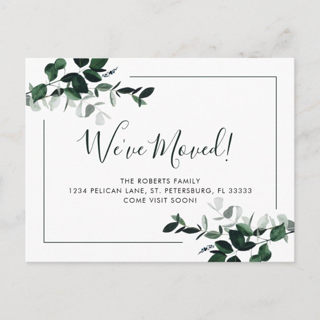 Wir haben Emerald Green Eucalyptus New Address Ann Ankündigungspostkarte (Vorderseite)