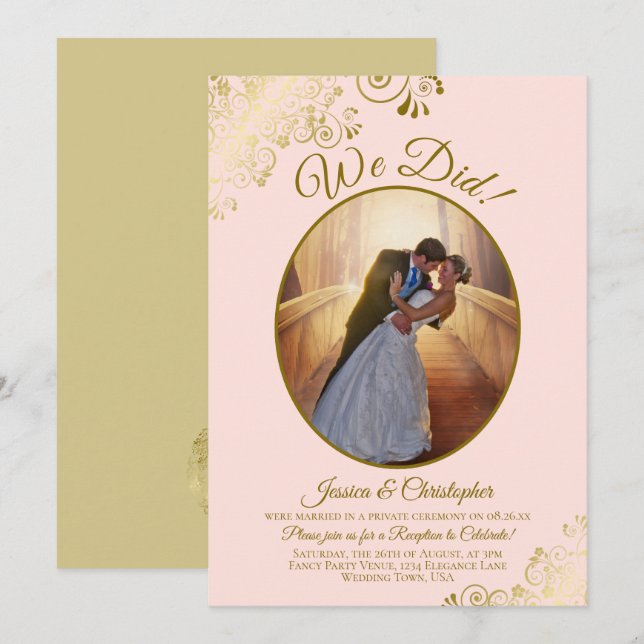Wir haben es getan! Blush Pink & Gold Hochzeitsemp Einladung (Vorne/Hinten)
