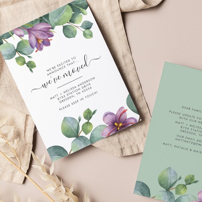 Wir haben Eukalyptus Lila Green Moving Budget vers (Eucalyptus Botanical Moving Announcement Card)