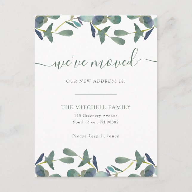 Wir haben Eukalyptus-Wappen verschoben | Ankündigu Einladungspostkarte (Vorderseite)