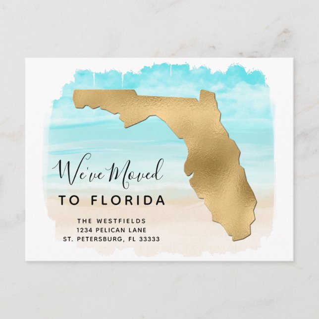 Wir haben Florida Map Beach Scene neue Adresse übe Ankündigungspostkarte (Vorderseite)