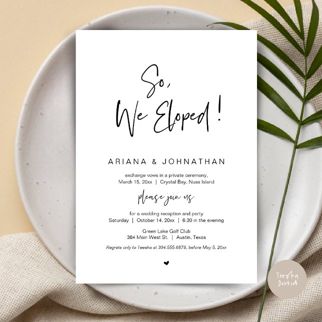 Wir haben gepeitscht, schwarz, Hochzeitsfeier Einladung (So, We Eloped, Modern Wedding Elopement Dinner Invitation Card, PDF, in Black and White)